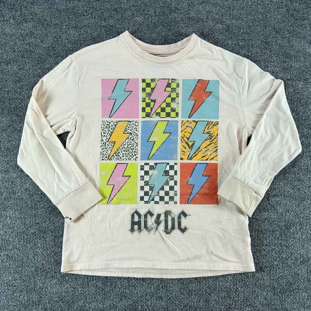 AC/DC Kids Long Sleeve T-Shirt Cream Lightning Bolt Band Tee Size M 8 Casual